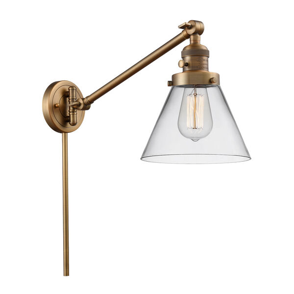 Large Cone Brushed Brass One-Light Swing Arm Wall Sconce with Clear Glass, image 1