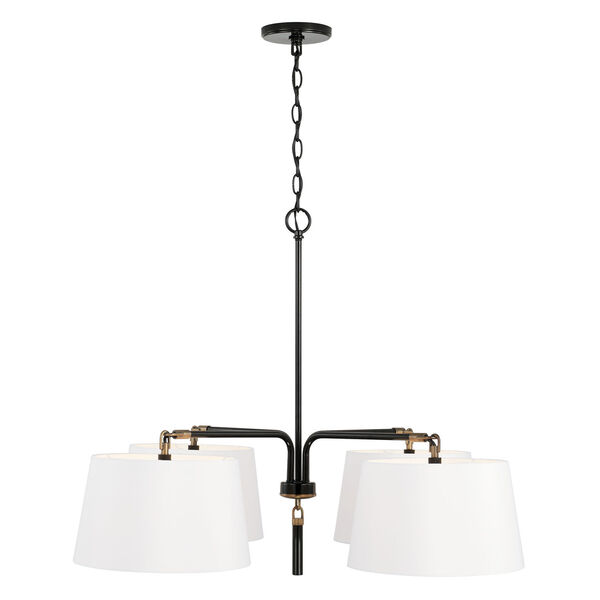 Beckham Glossy Black and Aged Brass Four-Light Chandelier with White Fabric Drum Shades, image 1