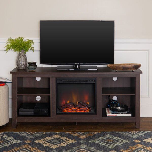 58-inch Espresso Wood TV Stand with Fireplace Insert, image 1