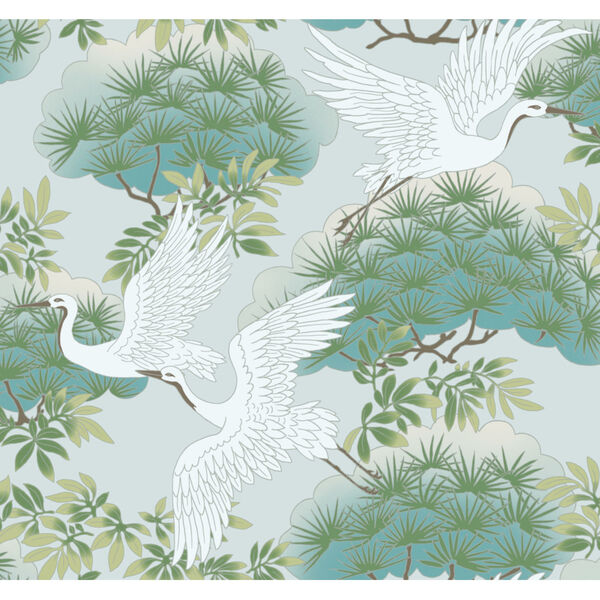 Ronald Redding Tea Garden Teal Sprig and Heron Wallpaper, image 2