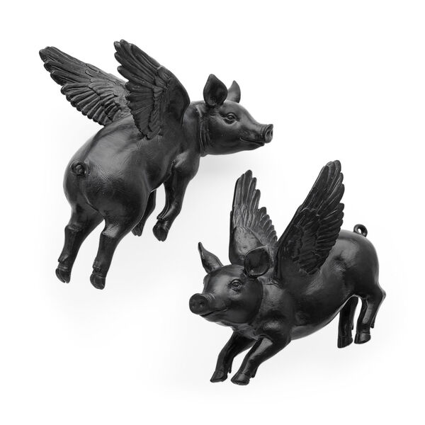 Hogbadi Black Flying Pig Wall Sculpture, Set of Two, image 1