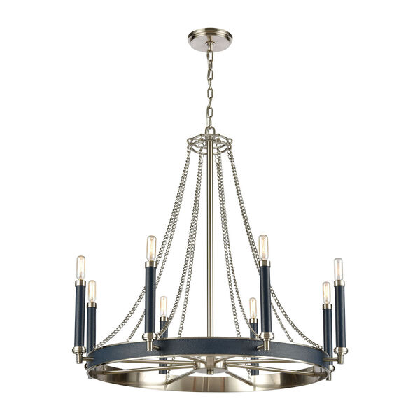 Avenue Satin Nickel and Navy Blue Eight-Light Chandelier, image 1