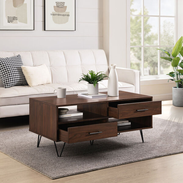 Croft Dark Walnut Two-Drawer Coffee Table with Hairpin Legs, image 3