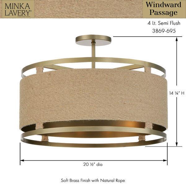 Windward Passage Rope Wrapped Soft Brass Four-Light Semi Flush Mount, image 2