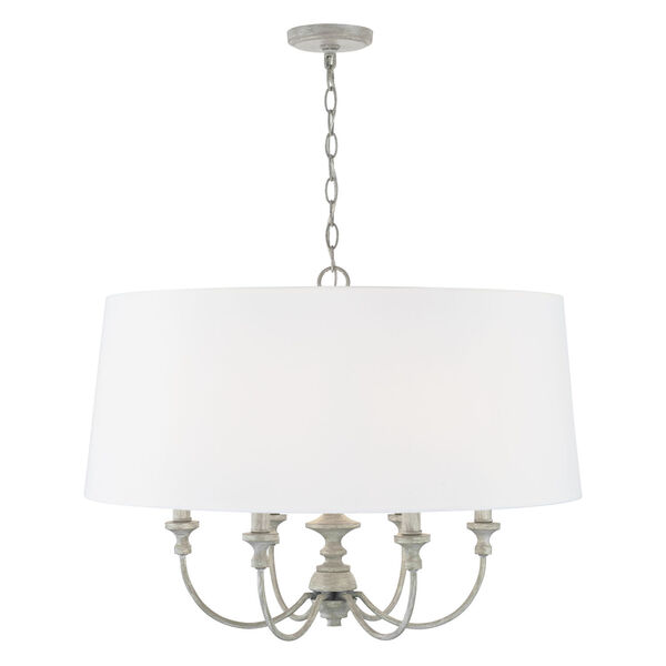 Penelope Painted Grey and White Six-Light Drum Pendant with White Fabric Shade, image 1