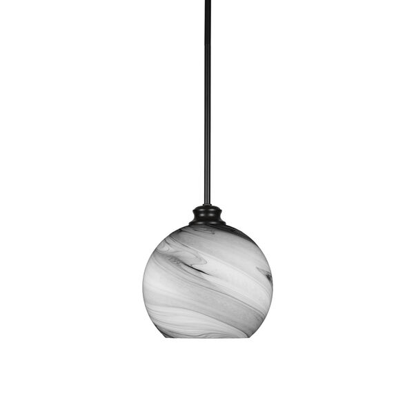Kimbro Matte Black 10-Inch One-Light Stem Hung Mini Pendant with Onyx Swirl Glass Shade, image 1