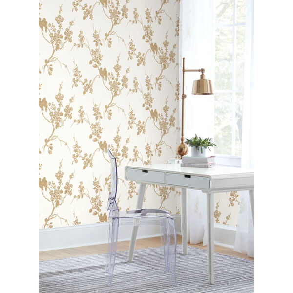 Silhouettes Metallic Gold White Imperial Blossoms Branch Wallpaper, image 6