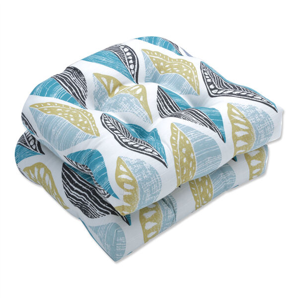 Leaf Block Teal and Citron Wicker Seat Cushion, Set of Two, image 1