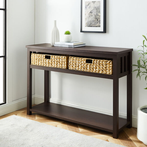 Espresso Storage Entry Table with Rattan Baskets, image 3