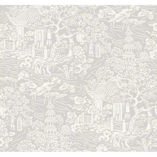 Ronald Redding Tea Garden Gray and White Chinoiserie Wallpaper, image 2