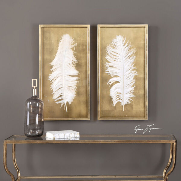 White Feathers Gold Shadow Box Wall Art, Set of 2, image 2