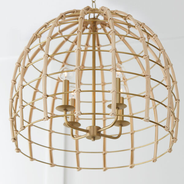Wren Matte Brass Four-Light Pendant Made with Handcrafted Rattan, image 4