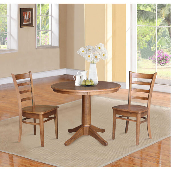 Emily Distressed Oak 36-Inch Round Top Pedestal Table with Two Chair, Set of Three, image 1