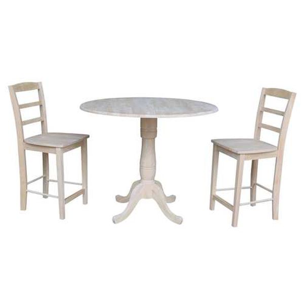 Gray and Beige Round Pedestal Counter Height Table with Madrid Stools, 3-Piece, image 1