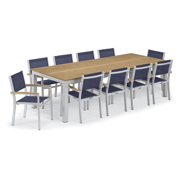 Travira Silver and Tekwood Natural 11-Piece Dining Set With Blue Armchairs, image 1