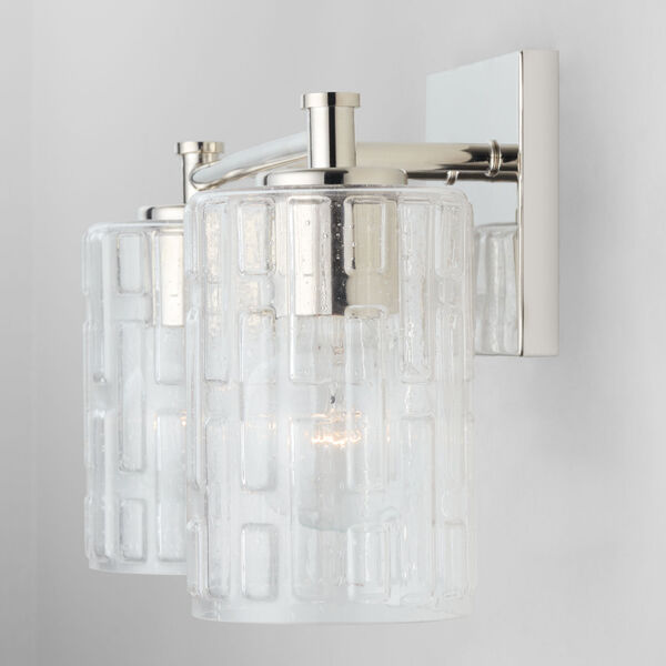 Polished Nickel Two-Light Bath Vanity with Clear Embossed Glass, image 3