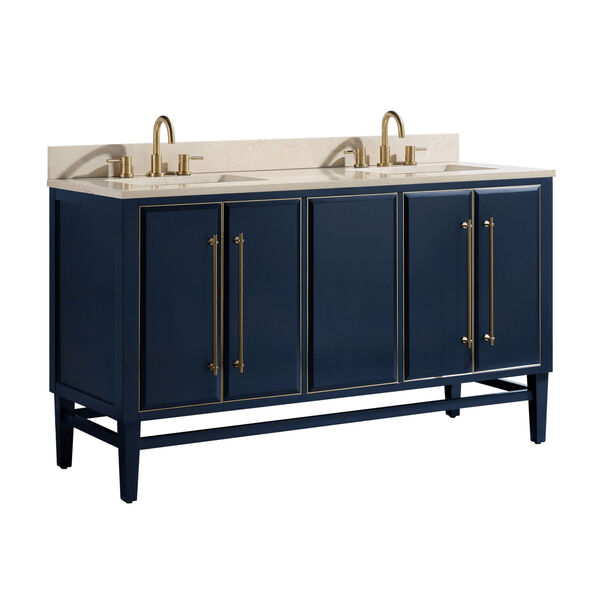 Navy Blue 61-Inch Bath vanity Set with Gold Trim and Crema Marfil Marble Top, image 2