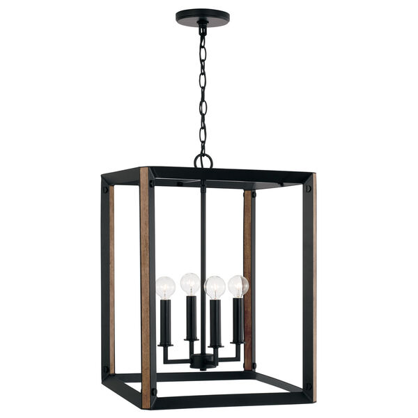 Rowe Matte Black and Brown Wood Four-Light Chandelier, image 3