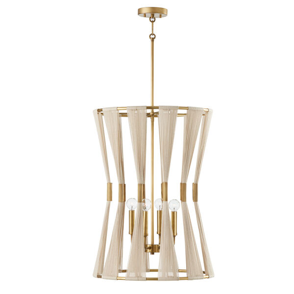 Bianca Bleached Natural Rope and Patinaed Brass Four-Light Pinch Pleat Gathered Tapered String Foyer, image 1