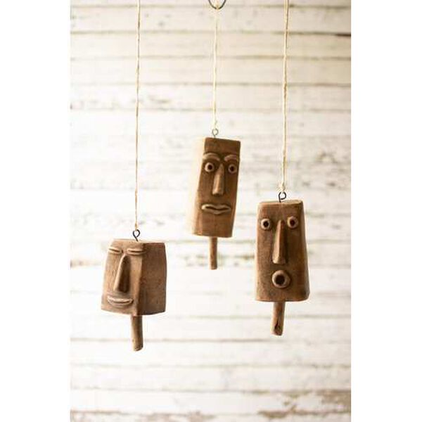 Brown Clay Face Hanging Bells, Set of Three, image 1