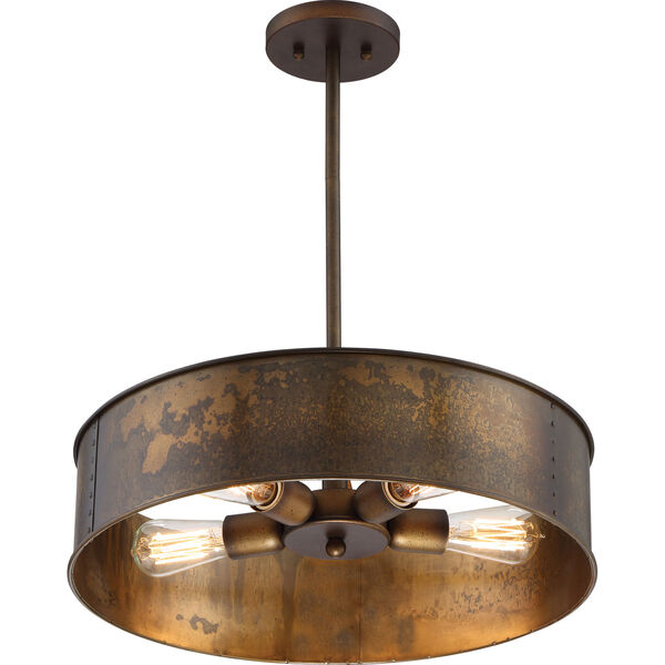 River Station Weathered Brass Four-Light Industrial Drum Pendant, image 1