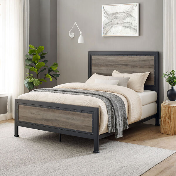 Queen Size Industrial Wood and Metal Bed - Grey Wash, image 7