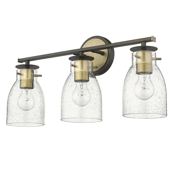 Shelby Oil Rubbed Bronze and Antique Brass Three-Light Bath Vanity with Clear Seedy Glass, image 4