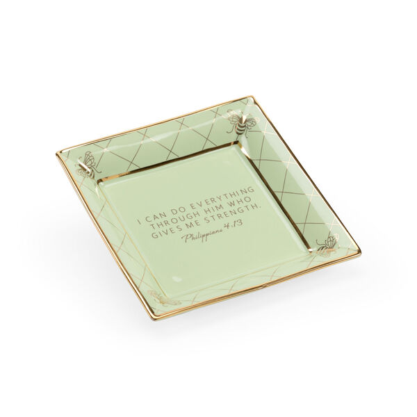 Shayla Copas Light Green Glaze and Metallic Gold Square Bee Verse Plate, image 1