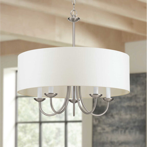 Brushed Nickel Five-Light Chandelier with Off White Linen Fabric Shade, image 2