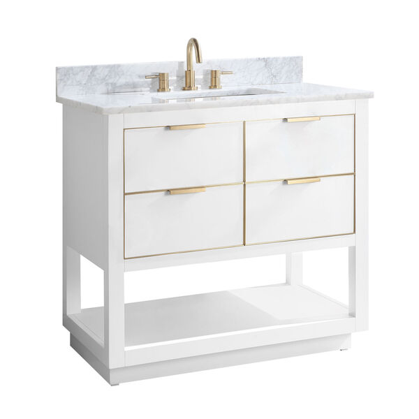 White 37-Inch Bath vanity with Gold Trim and Carrara White Marble Top, image 2