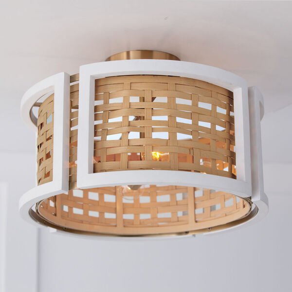 Lola Flat White and Matte Brass Four-Light Semi-Flush or Pendant Made with Handcrafted Mango Wood and Rattan, image 5