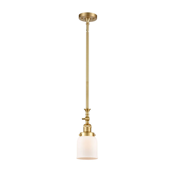 Franklin Restoration Satin Gold Five-Inch LED Mini Pendant with Matte White Cased Small Bell Shade and Wire, image 1