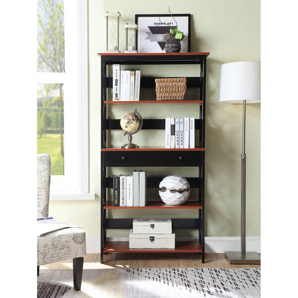 Oxford 5 Tier Bookcase with Drawer in Cherry and Black, image 3