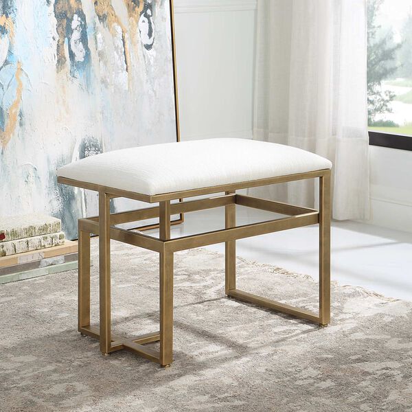 Whittier Brushed Brass and Off White Linear Accent Bench, image 4