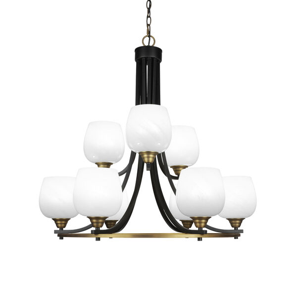 Paramount Matte Black and Brass 31-Inch Nine-Light Chandelier with White Marble Glass Shade, image 1
