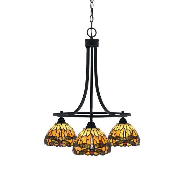 Paramount Matte Black Three-Light Chandelier with Seven-Inch Amber Dragonfly Art Glass, image 1