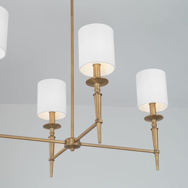 Abbie Aged Brass Six-Light Island Chandelier with White Fabric Stay Straight Shades, image 4