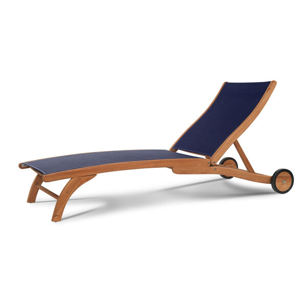 Pearl Blue Teak Outdoor Chaise Lounge with Wheels, image 1