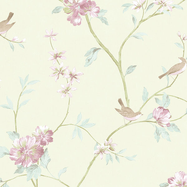 Floral Bird Sidewall Green and Pink Wallpaper, image 1