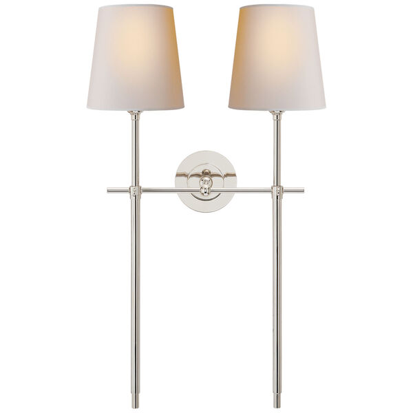 Bryant Large Double Tail Sconce in Polished Nickel with Natural Paper Shades by Thomas O'Brien, image 1