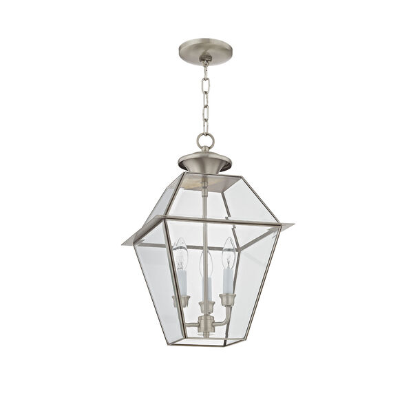 Westover Brushed Nickel 12-Inch Three-Light Outdoor Chain-Hang Lantern with Clear Beveled Glass, image 3