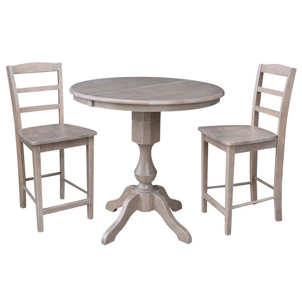 Washed Gray Taupe Round Extension Dining Table with Stools, 3-Piece, image 1