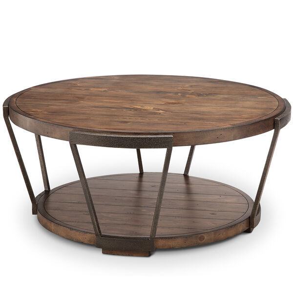 Yukon Industrial Bourbon and Aged Iron Round Coffee Table with Casters, image 1