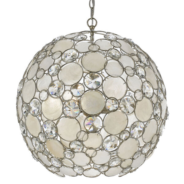 Palla Antique Silver Six-Light Pendant with Natural White Capiz Shell and Hand Cut Crystal, image 1
