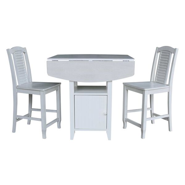 Dual Drop Leaf Antiqued White Chalk  Bistro Table  With Storage and Two Counter Height  Stools, image 3
