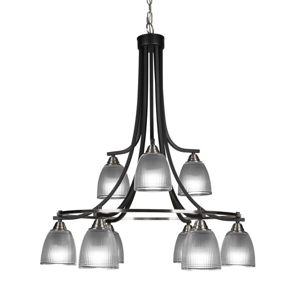 Paramount Matte Black and Brushed Nickel Nine-Light 30-Inch Chandelier with Clear Ribbed Glass, image 1