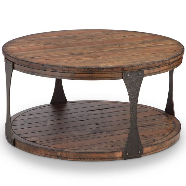 Montgomery Industrial Reclaimed Wood Round Coffee Table with Casters in Bourbon finish, image 1