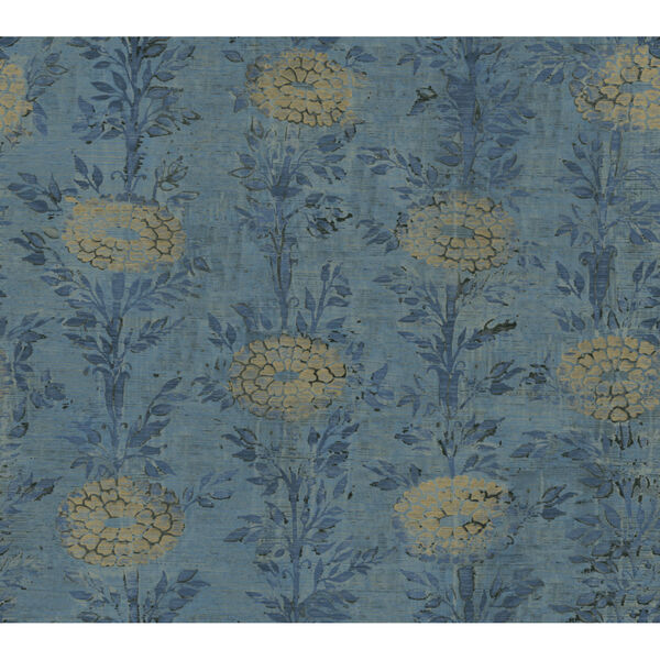 Ronald Redding Tea Garden Blue and Gold French Marigold Wallpaper, image 2