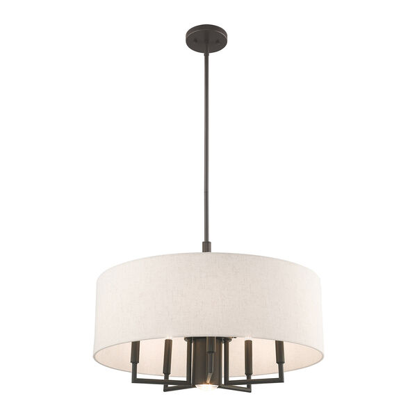 Meridian English Bronze 24-Inch Six-Light Pendant Chandelier with Hand Crafted Oatmeal Hardback Shade, image 4
