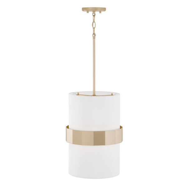 Sutton Soft Gold Two-Light Drum Pendant with White Fabric Shade and Frosted Glass Diffuser, image 5